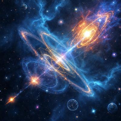 The primary subject of the image is a blue and orange nebula, which is the main object, scene, or focus of the image. The setting is a dark, star-filled sky, with the nebula being the most prominent feature. The visual style is a digital art or illustration, as the colors and details are vivid and well-defined. The dominant colors are blue and orange, creating a sense of depth and contrast in the image.